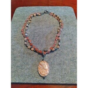 Beaded Necklace Orange Stone Pendant Two‎ Strand Jewelry
